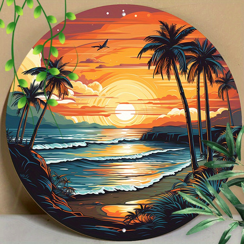 

1pc 8x8inch (20x20cm) Round Aluminum Sign Metal Sign Funny Vintage Beach Signs Decor Tropical Palm Tree Beach Sunset Metal Sign For Beach Wall Decor