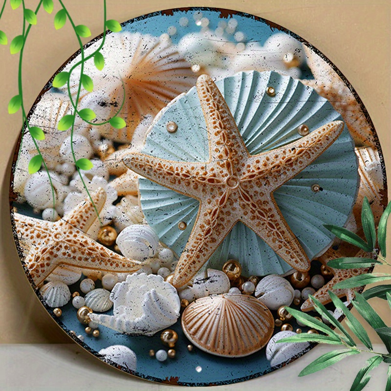 

1pc 8x8inch (20x20cm) Round Aluminum Sign, Starfish And Shells Metal Wreath Sign, Welcome Sign, Decorative Wall Poster, For Bedroom Garden Bathroom Garage Hotel Cafe Office Bakery Decor