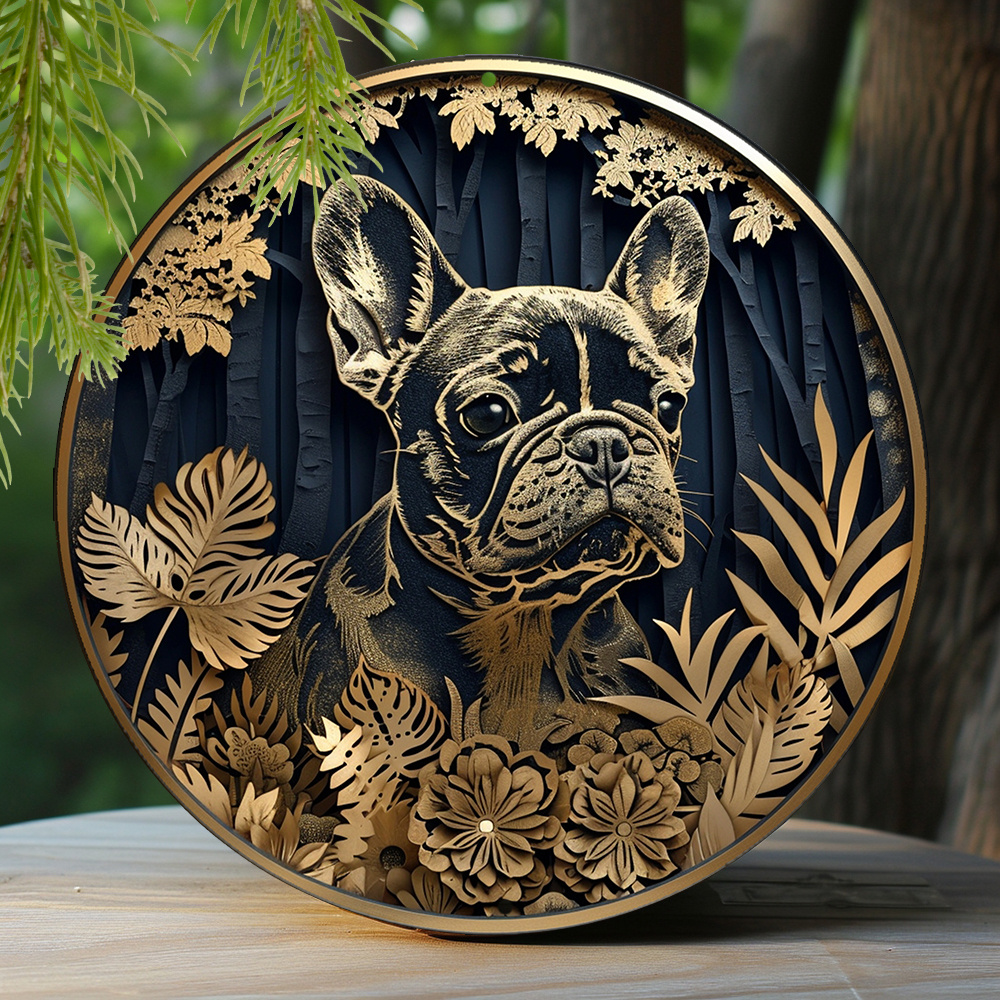 

1pc 8x8 Inch Spring Aluminum Metal Sign Faux Foil Stamping Papercut Art Painting Round Wreath Decorative Sign Apartment Decor Girls Gifts French Bulldog Theme Decoration