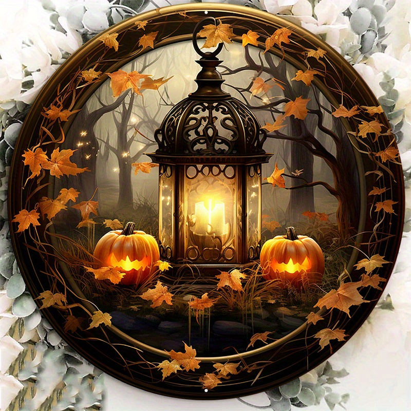 

1pc 8x8inch Aluminum Metal Sign Fall Lantern And Pumpkins Wreath Sign, Metal Wreath Sign, Round Wreath Sign, Door Decor