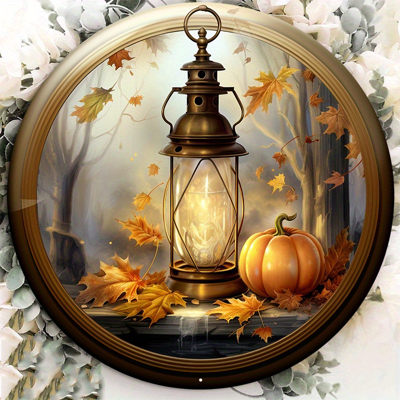 

1pc 8x8inch Aluminum Metal Sign Fall Lantern And Pumpkins Wreath Sign, Metal Wreath Sign, Round Wreath Sign, Door Decor