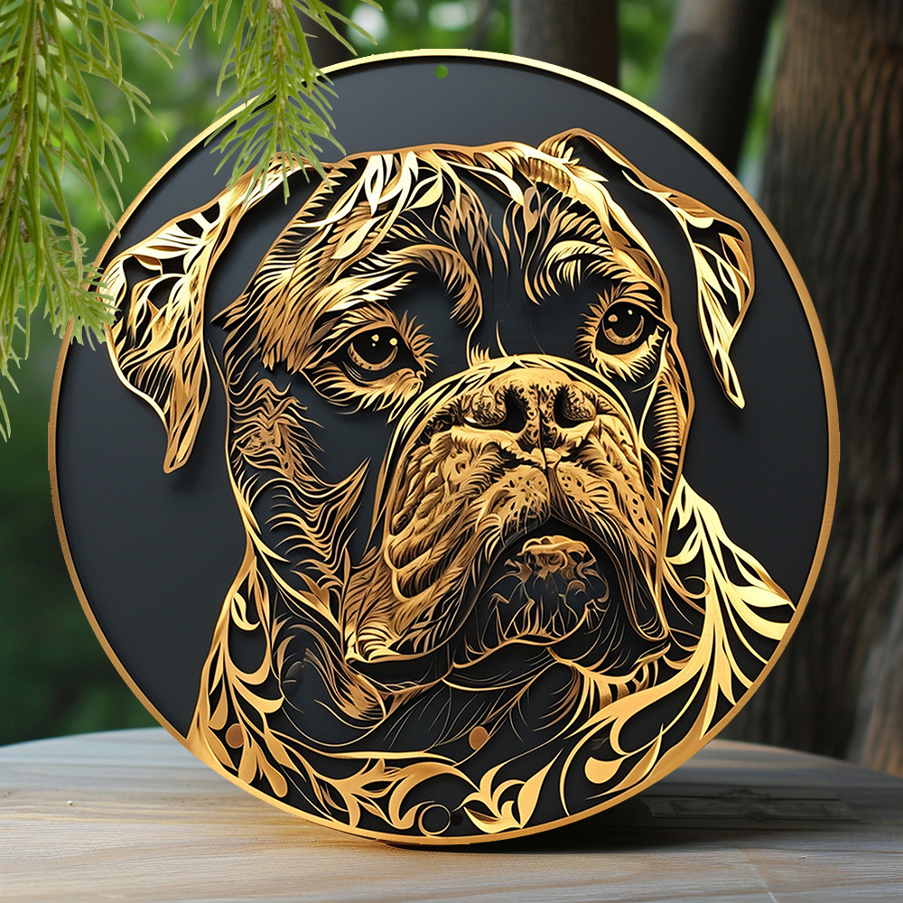 

1pc 8x8 Inch Spring Aluminum Metal Sign Faux Foil Stamping Papercut Art Painting Round Wreath Decorative Sign Apartment Decor Pet Lovers Gifts Bulldog Theme Decoration