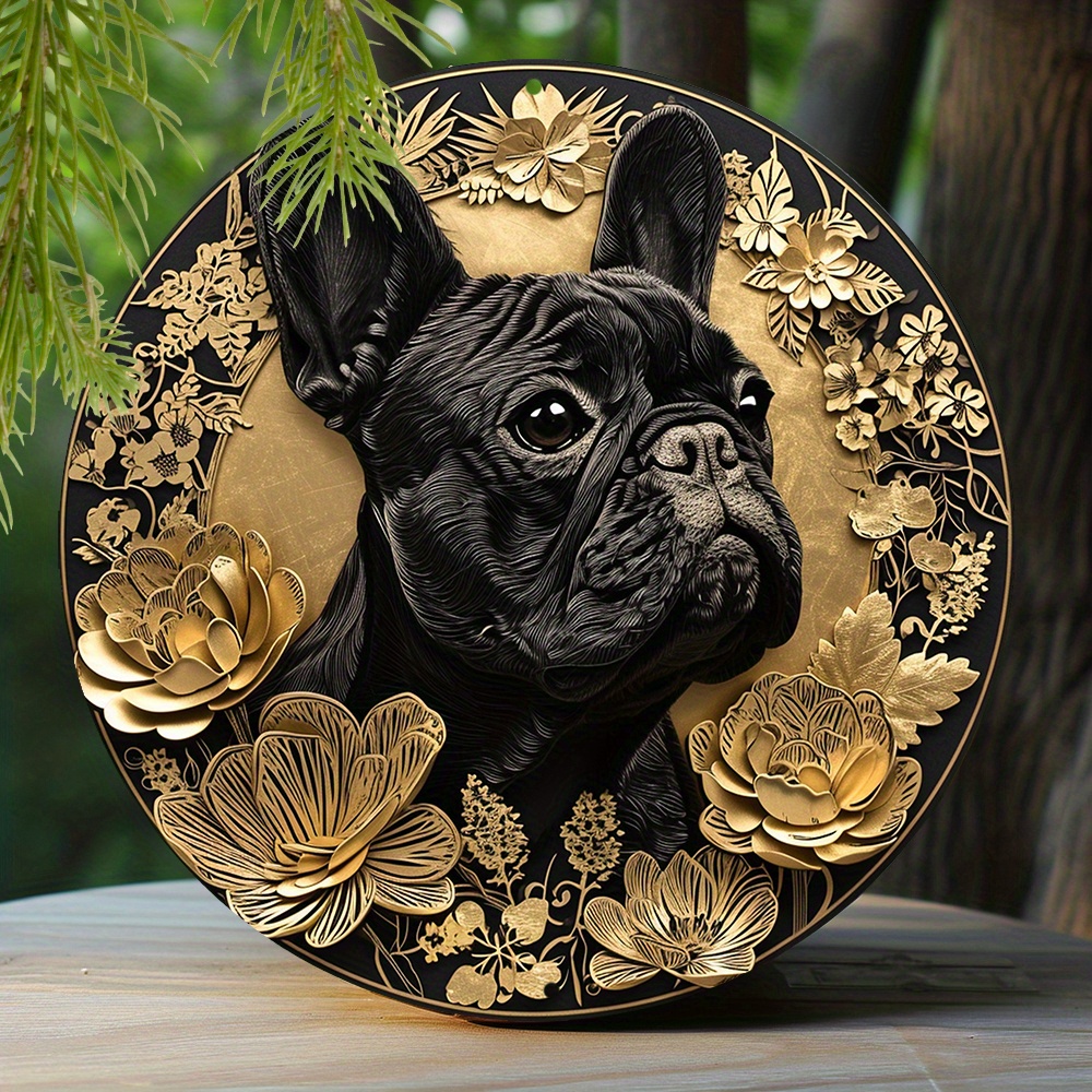 

1pc 8x8 Inch Spring Aluminum Metal Sign Faux Foil Stamping Papercut Art Painting Round Wreath Decorative Sign Apartment Decor Thanksgiving Day Gifts French Bulldog Theme Decoration