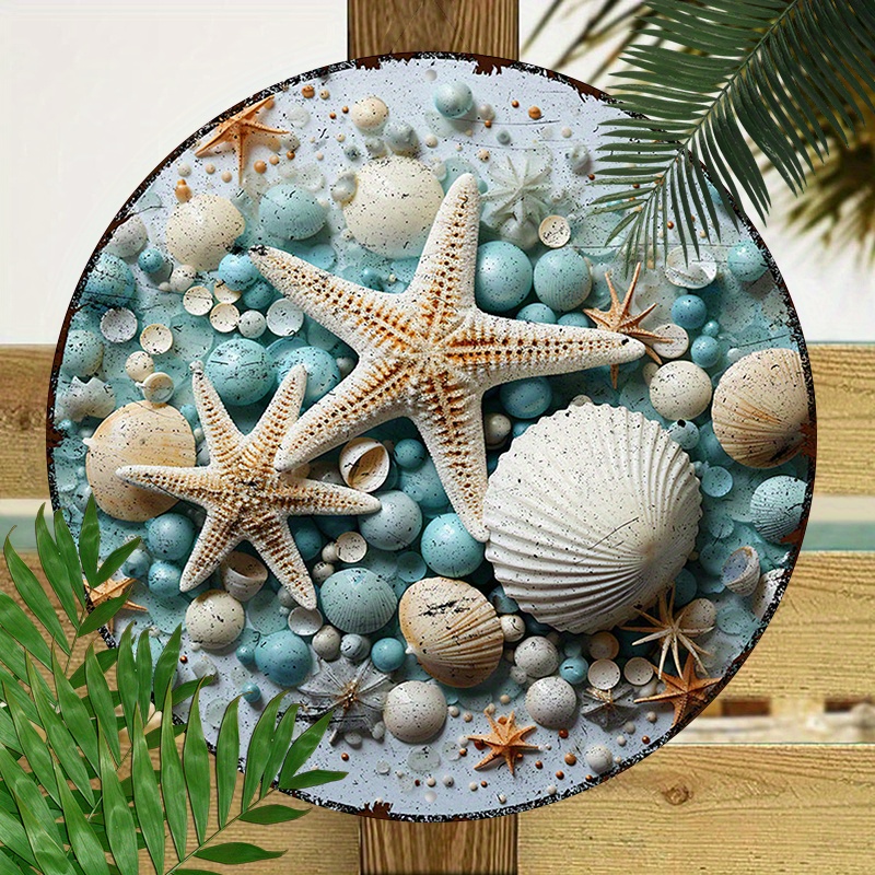 

1pc 8x8inch (20x20cm) Round Aluminum Sign, Metal Sign Starfish And Shells Sign For Restaurant Decor, Home Decor