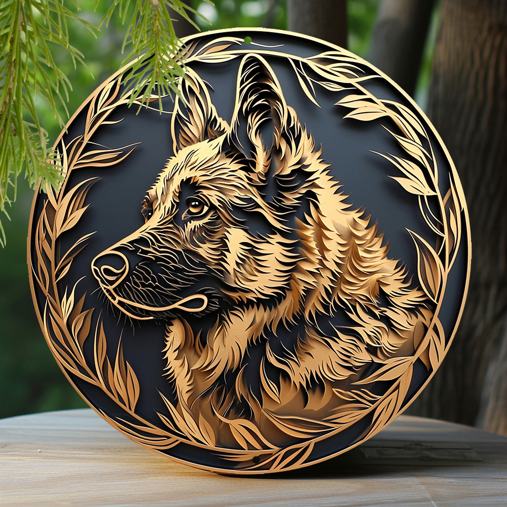 

1pc 8x8 Inch Spring Aluminum Metal Sign Faux Foil Stamping Papercut Art Painting Round Wreath Decorative Sign Dormitory Decor Men Gifts German Shepherd Theme Decoration