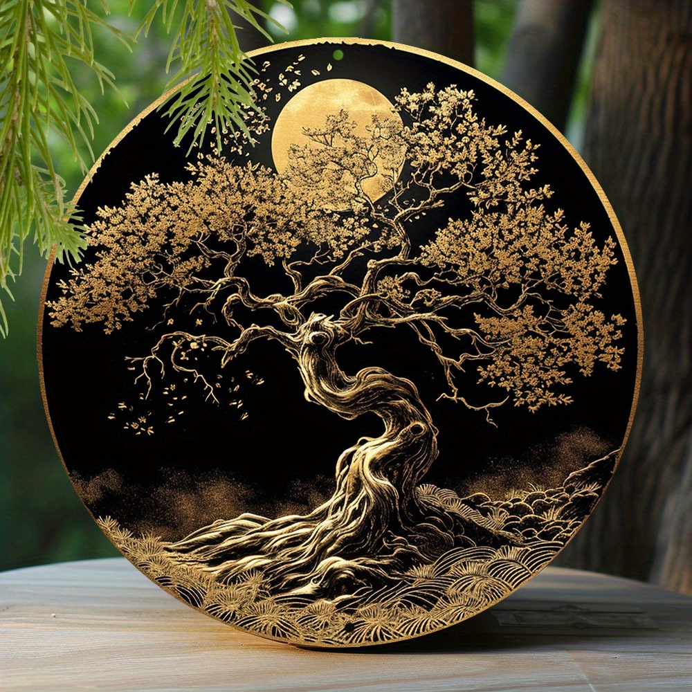 

1pc 8x8 Inch Spring Aluminum Metal Sign, Faux Foil Stamping Papercut Art Painting Round Wreath Decorative Sign Office Decor Tree Of Life Theme Decoration Q64