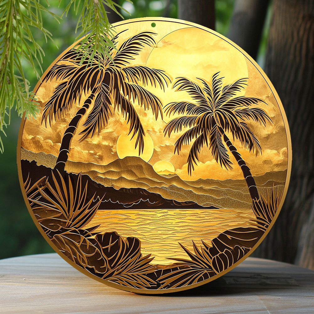 

1pc 8x8 Inch Spring Aluminum Tin Sign, Faux Foil Stamping Papercut Art Painting Round Wreath Decorative Sign Bedroom Decor Palm Tree Theme Decoration Q98