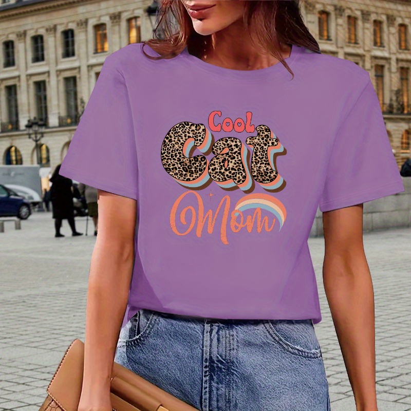 

Cat Mom Letter Print T-shirt, Casual Crew Neck Short Sleeve Top For Spring & Summer, Women's Clothing