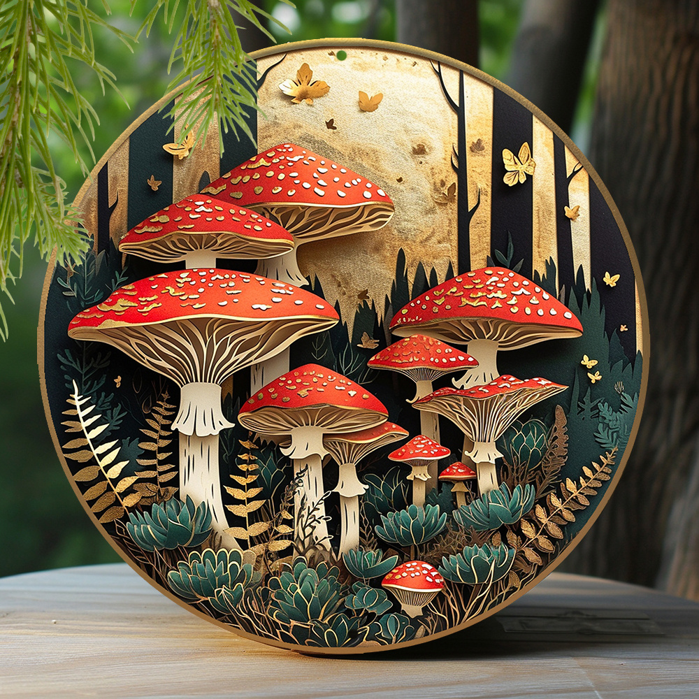 

1pc 8x8 Inch Spring Round Aluminum Sign, Faux Foil Stamping Papercut Art Painting Round Wreath Decorative Sign Garden Decor Mushrooms In Forest Theme Decoration Q363