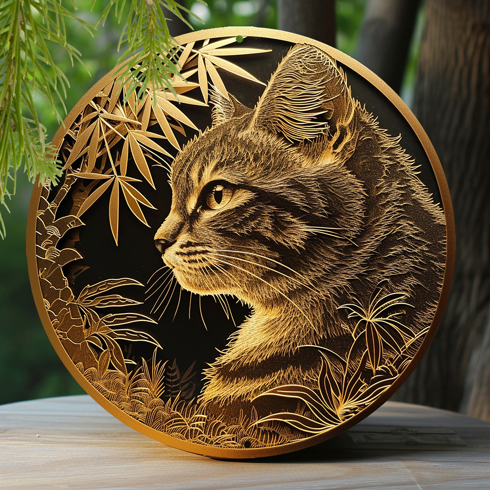 

1pc 8x8 Inch Winter Aluminum Tin Sign Faux Foil Stamping Papercut Art Painting Round Wreath Decorative Sign Apartment Decor Fathers Gifts Bengal Cat Theme Decoration