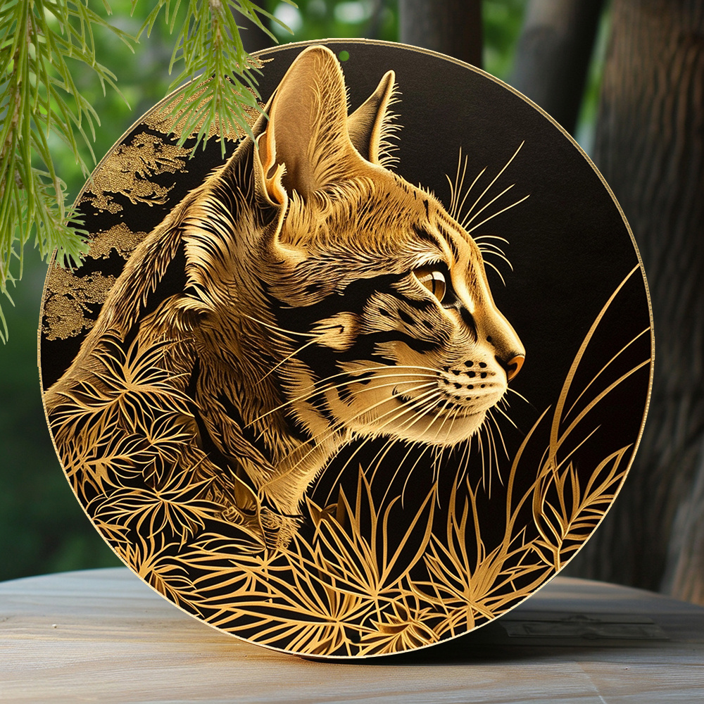 

1pc 8x8 Inch Winter Aluminum Tin Sign Faux Foil Stamping Papercut Art Painting Round Wreath Decorative Sign Apartment Decor Women Gifts Bengal Cat Theme Decoration
