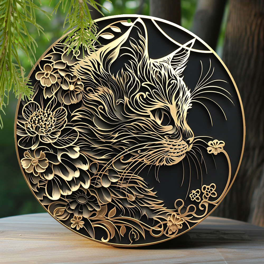 

1pc 8x8 Inch Winter Aluminum Tin Sign Faux Foil Stamping Papercut Art Painting Round Wreath Decorative Sign Dormitory Decor Boys Gifts Persian Cat Theme Decoration Q615
