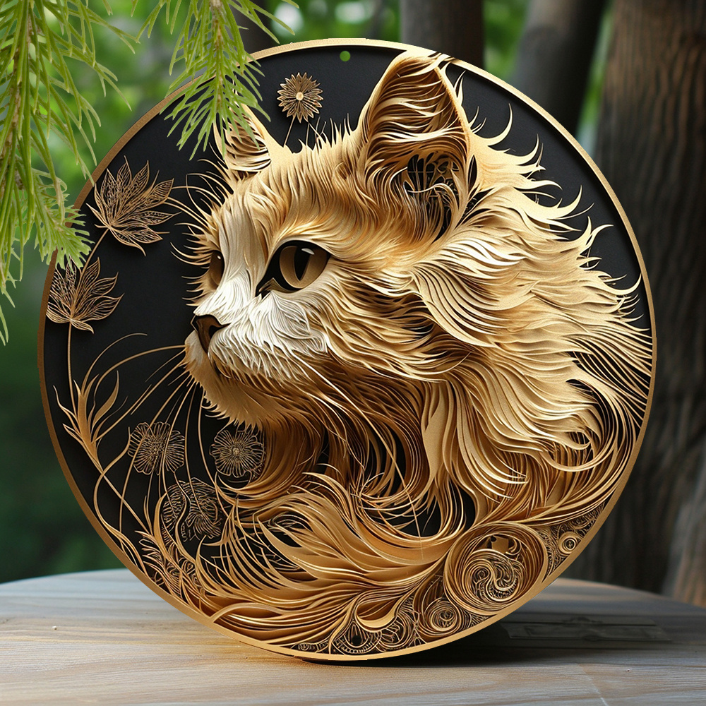 

1pc 8x8 Inch Winter Aluminum Tin Sign Faux Foil Stamping Papercut Art Painting Round Wreath Decorative Sign Dormitory Decor Easter Gifts Persian Cat Theme Decoration Q614