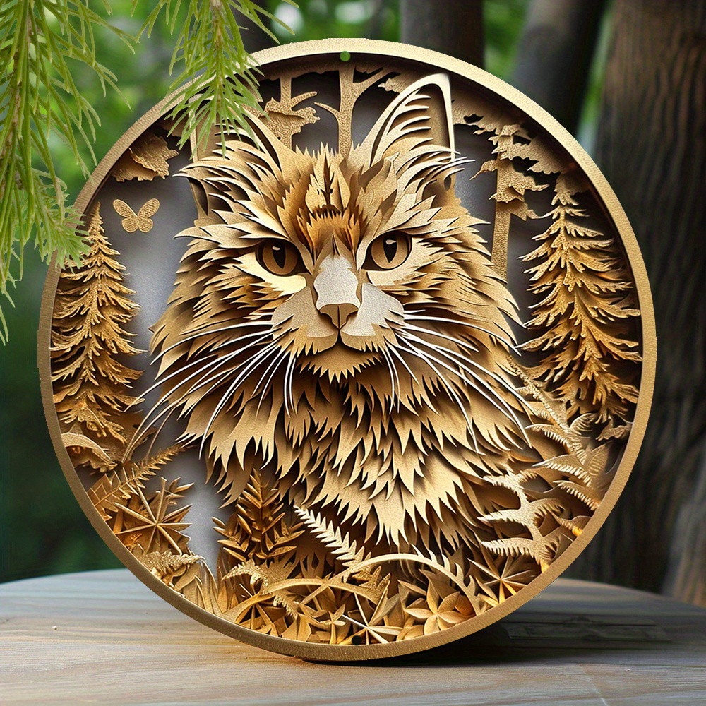 

1pc 8x8 Inch Winter Aluminum Tin Sign Faux Foil Stamping Papercut Art Painting Round Wreath Decorative Sign Entrance Decor Girls Gifts Maine Coon Theme Decoration Q628