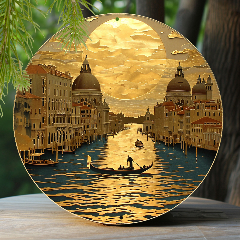 

1pc 8x8 Inch Winter Metal Sign Faux Foil Stamping Papercut Art Painting Round Wreath Decorative Sign Dormitory Decor Fathers Gifts Venice Gondola Theme Decoration