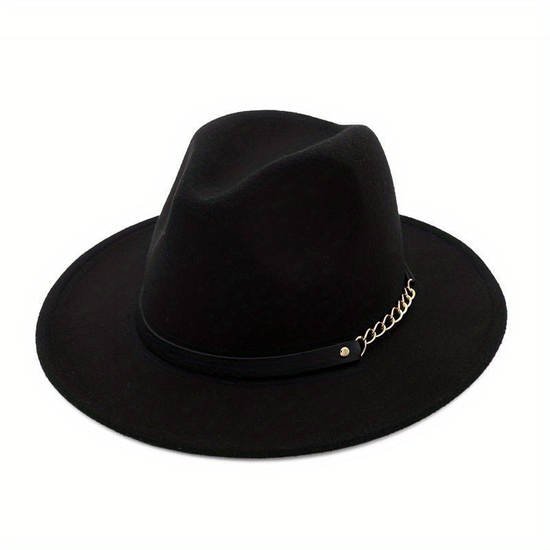 

Chain Belt Decor Fedora Hats Classic British Style Solid Color Felt Hat Trendy Fedoras For Women Men