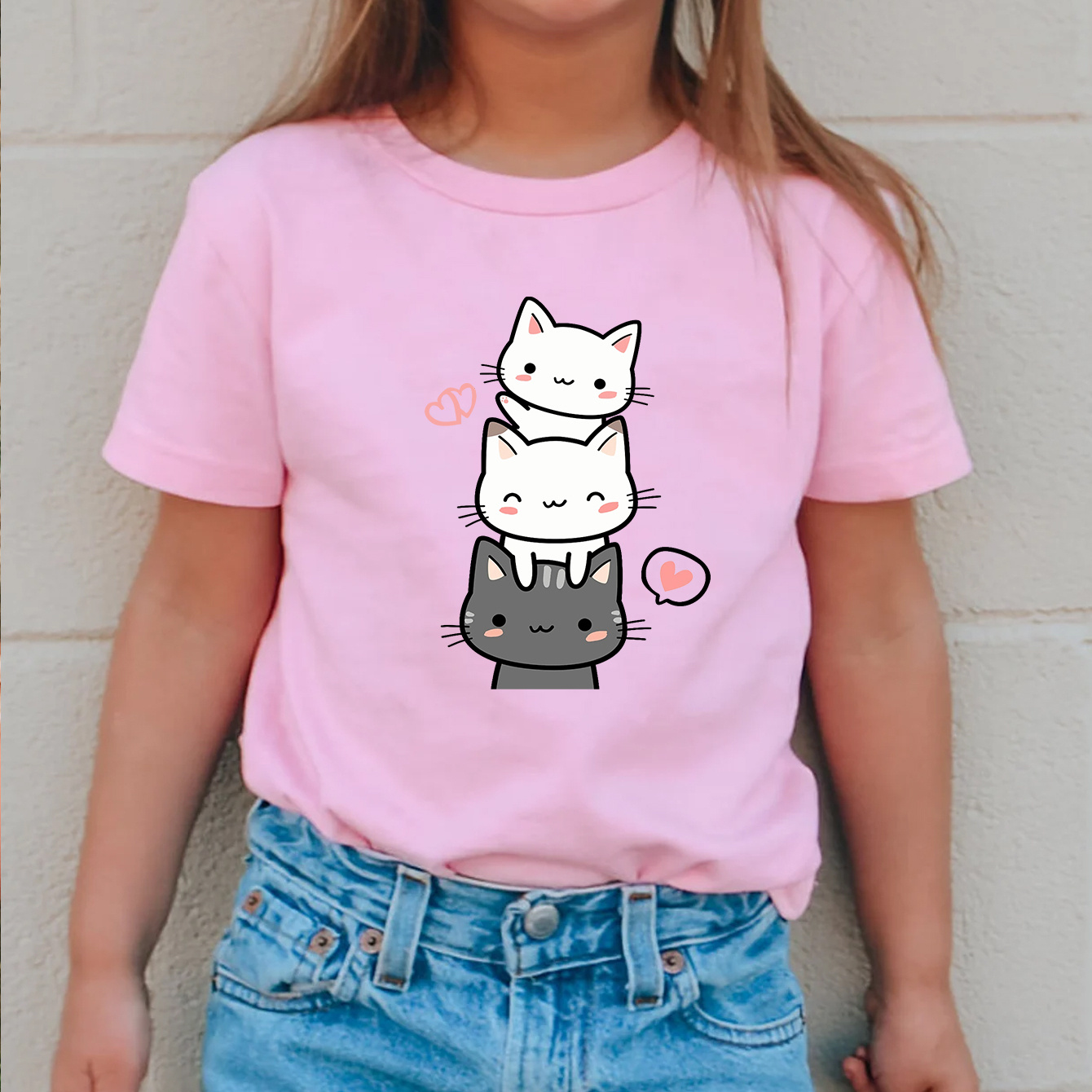 

Cute Cartoon Cats Greeting Graphic Print, Crew Neck Cotton T-shirt For Girls, Leisurely Short Sleeve Tees For Sports