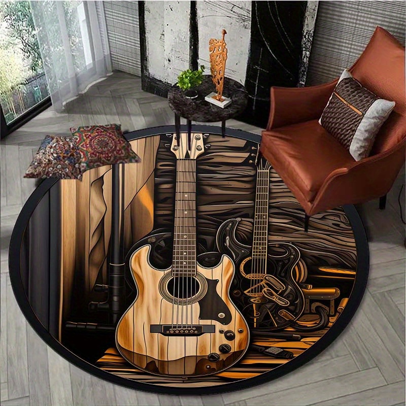

800g/m2 Crystal Velvet Guitar Pattern Round Rug Doormat Floor Mat Home Carpet Hotel Living Room Floor Mats Anti Slip Aesthetic Room Decor Art Supplies Home Decor