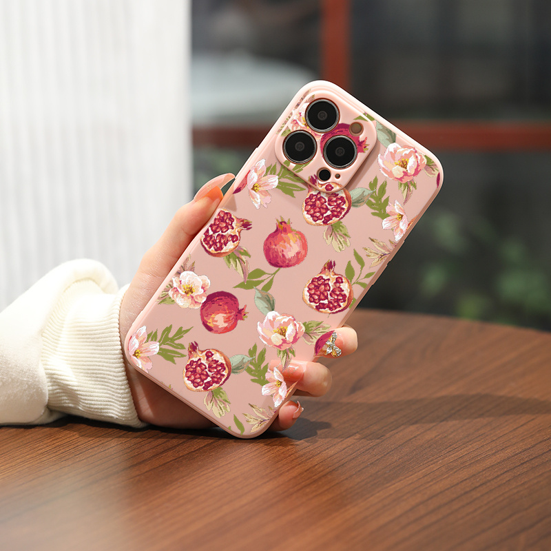 

Pomegranate & Flowers Pattern Silicone Protective Phone Case For Iphone 15 14 13 12 11 Xs X 6 7 8 Se Mini Plus Pro Max