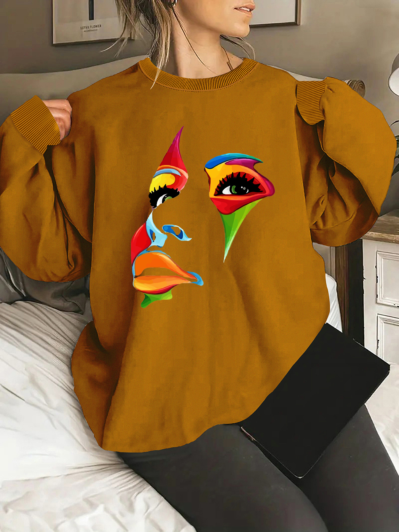 Plus Size Graphic Print Sweatshirt Crew Neck Casual Temu Portugal