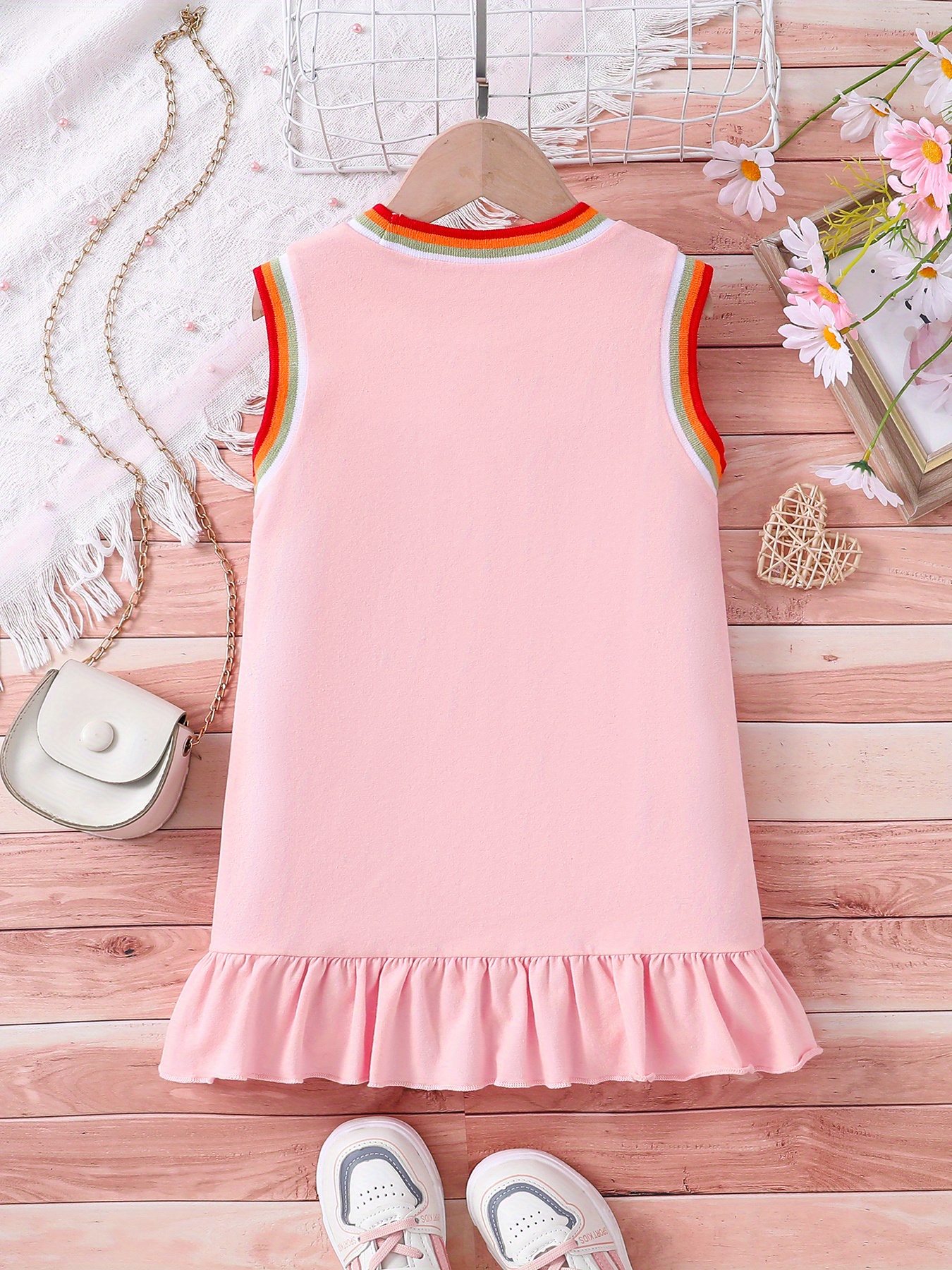 LIFE WITHOUT LOVE IS LIKE... Pattern Dress, 95% Cotton Splicing Crew Neck  Sleeveless Ruffle Hem Dress For Girls Spring Summer Gift