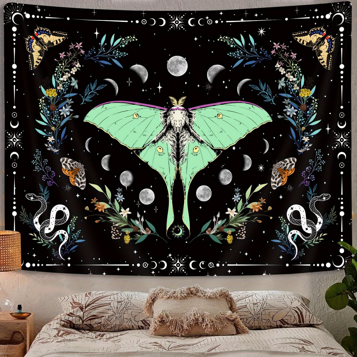 

1pc, Polyester, Boho Butterfly Floral Aesthetic Tapestry, Moon Phase Sun And Moon Art Tapestries, Cute Moth Vintage Botanical Fairy Flower Plant Tapestry Wall Hanging For Bedroom Living Room Dorm