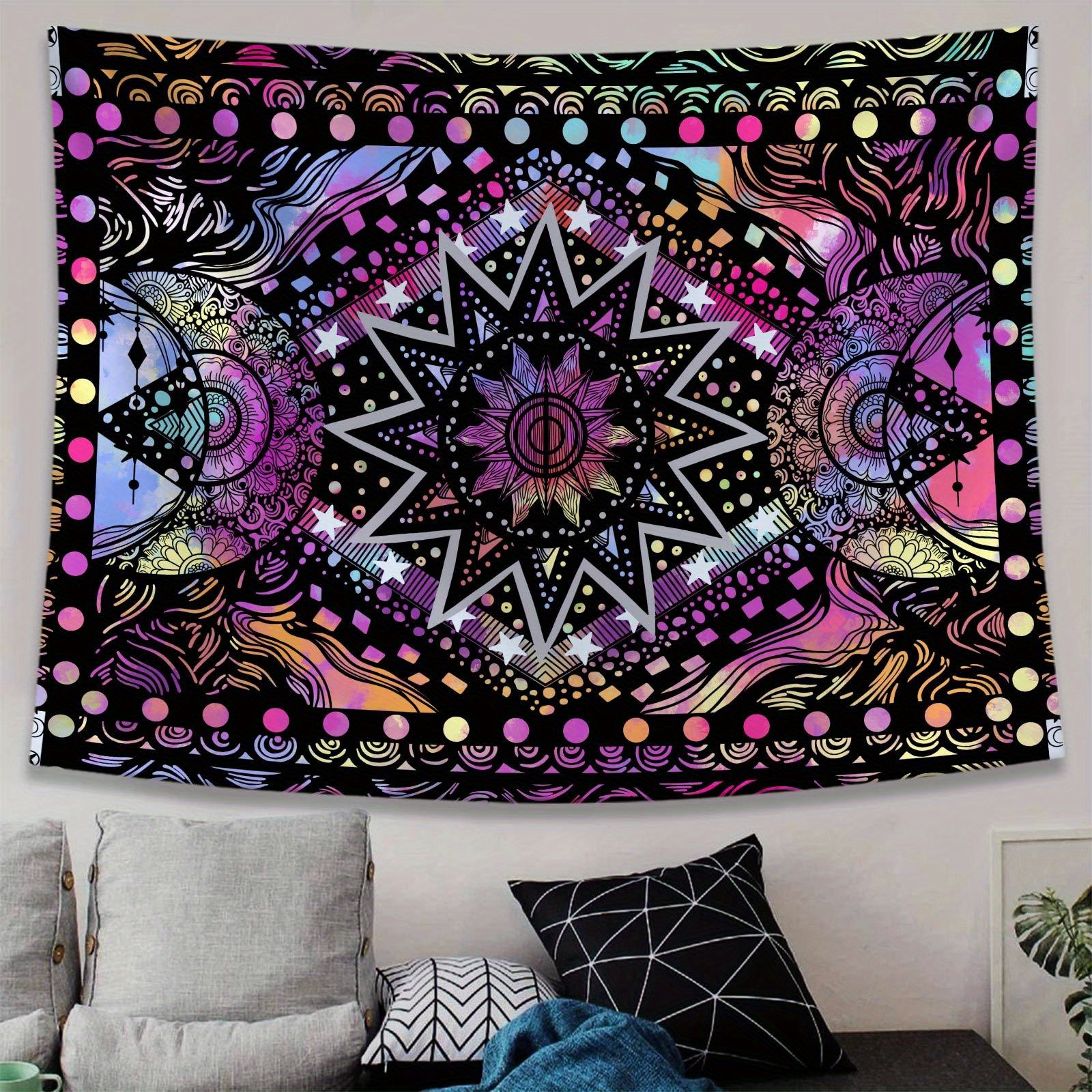 

1pc, Polyester, Psychedelic Colorful Sun And Moon Tapestry Wall Hanging, Indie Hippie Mandala Cool Trippy Wall Tapestries, Purple Blacklight Tapestry For Bedroom Living Room Dorm (multi Color)