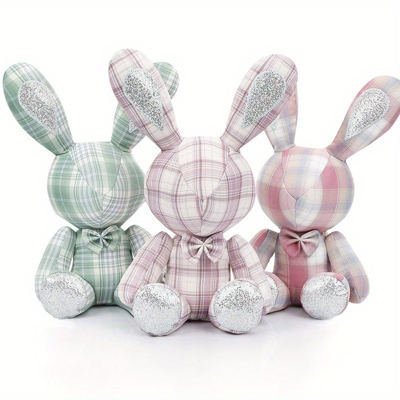 1pc Easter Plaid Rabbit Doll Cute Back Shadow Plaid Rabbit Plush Toy Sequin  Rabbit Plush Doll Holiday Gift Decoration