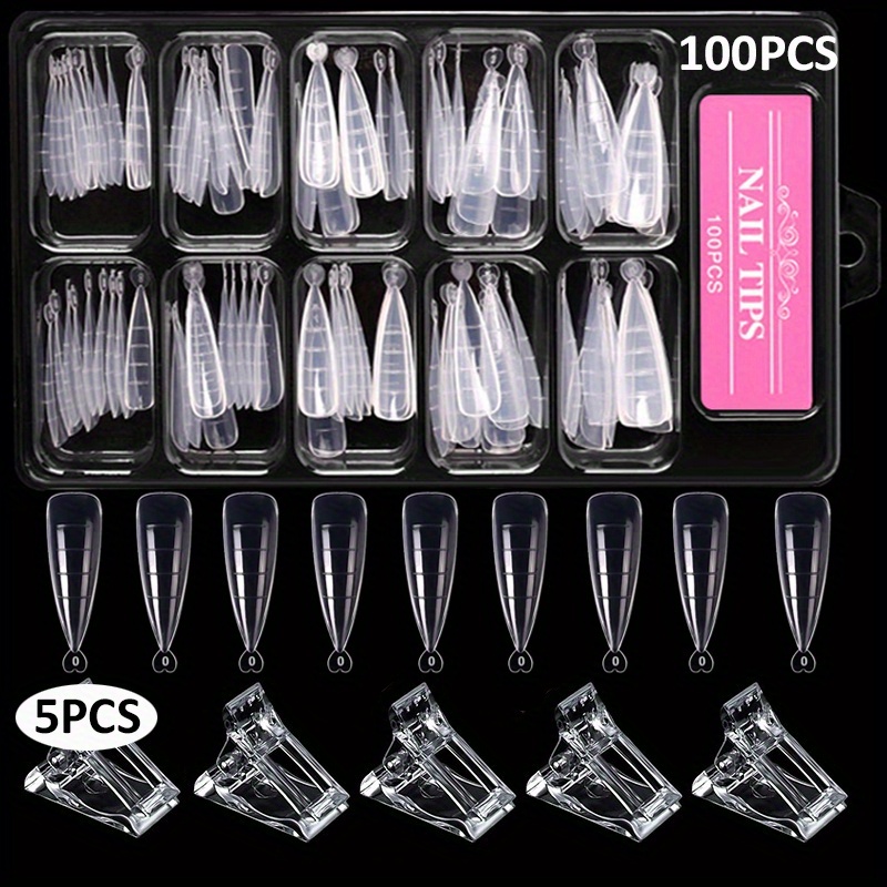 

100pcs Stiletto Nail Tips Set With 5 Clips, Clear Poly Gel Nail Mold Extensions, Quick Build Unscented Acrylic Nail Forms For Home And Salon Use