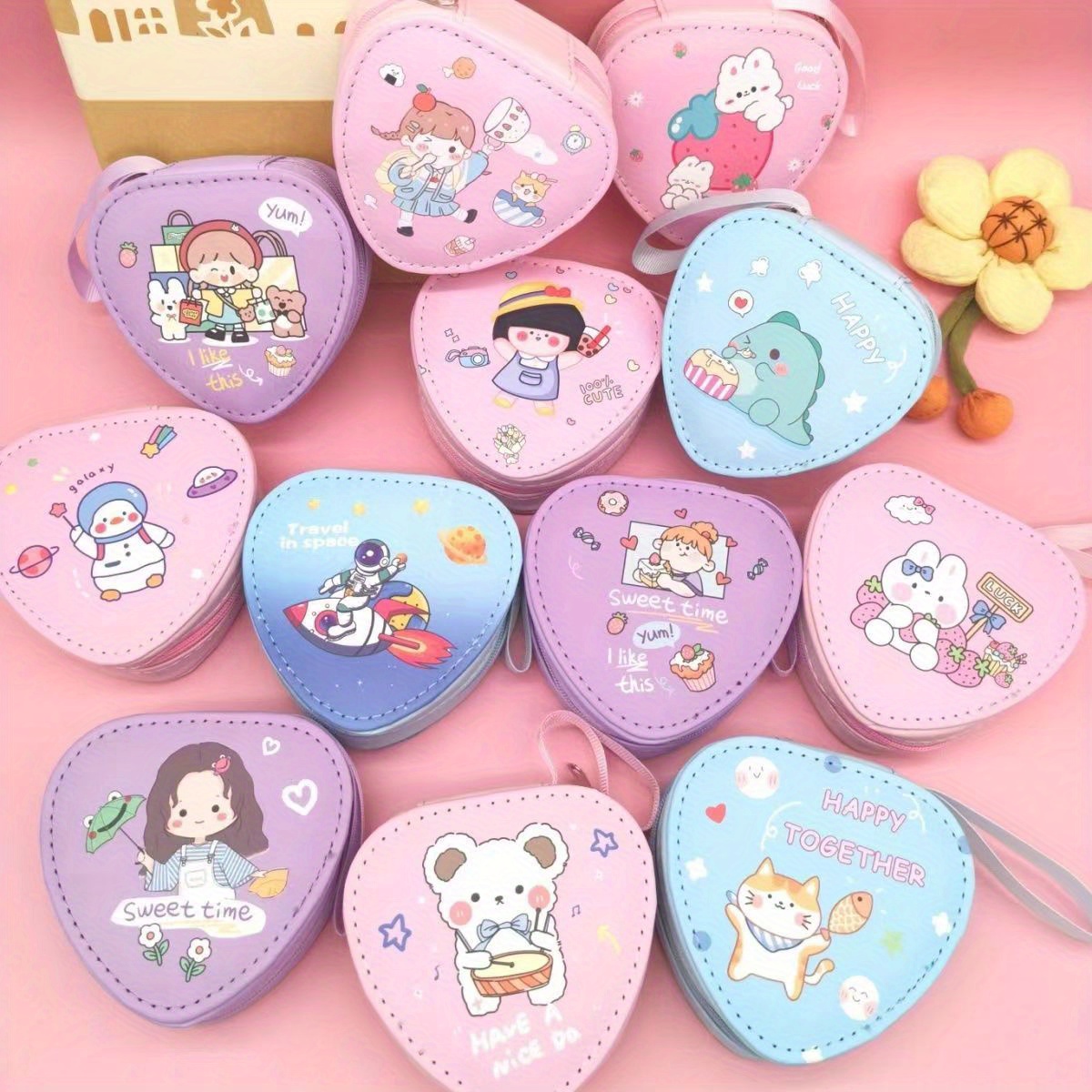 heart shaped coin purse kawaii cartoon pattern lipstick key