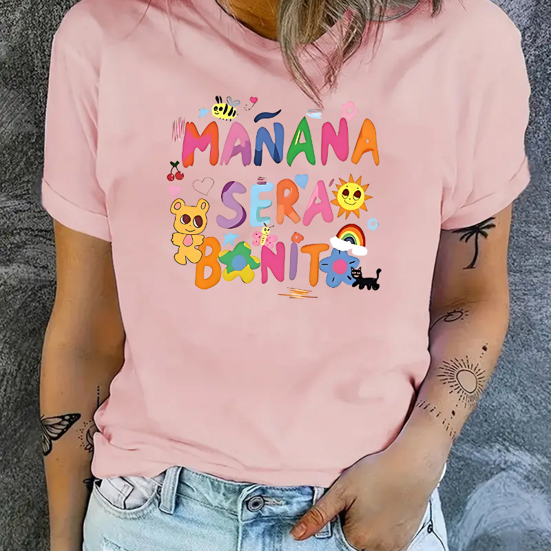 

Cartoon And Colorful Letter Print Sports Casual T-shirt, Short Sleeve Round Neck Fitness Running Tops, Women's Activewear