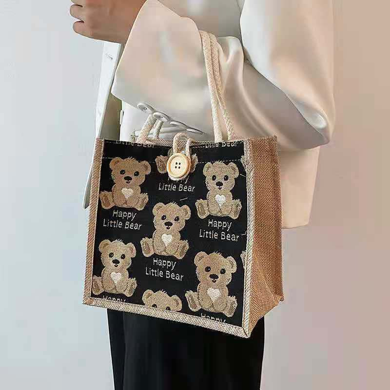 

Cartoon Bear Pattern Handbag, Portable Box Bag, Cute Burlap Storage Tote Bag