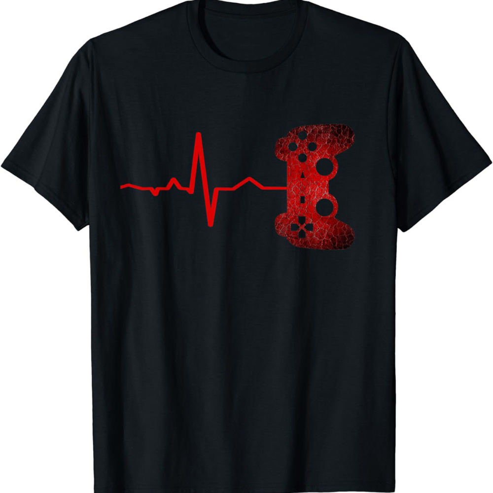 

Gamer Heartbeat Video Graphic Men's Short Sleeve T-shirt, Comfy Stretchy Trendy Tees For Summer, Casual Daily Style Fashion Clothing