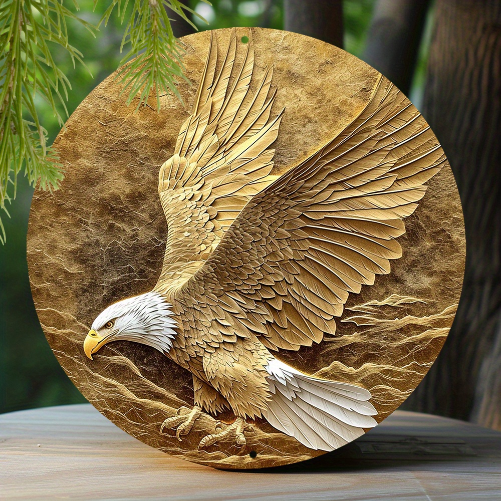 

1pc 8x8 Inch Spring Metal Sign Faux Foil Stamping Papercut Art Painting Round Wreath Decorative Sign Apartment Decor Men Gifts Bald Eagle Theme Decoration