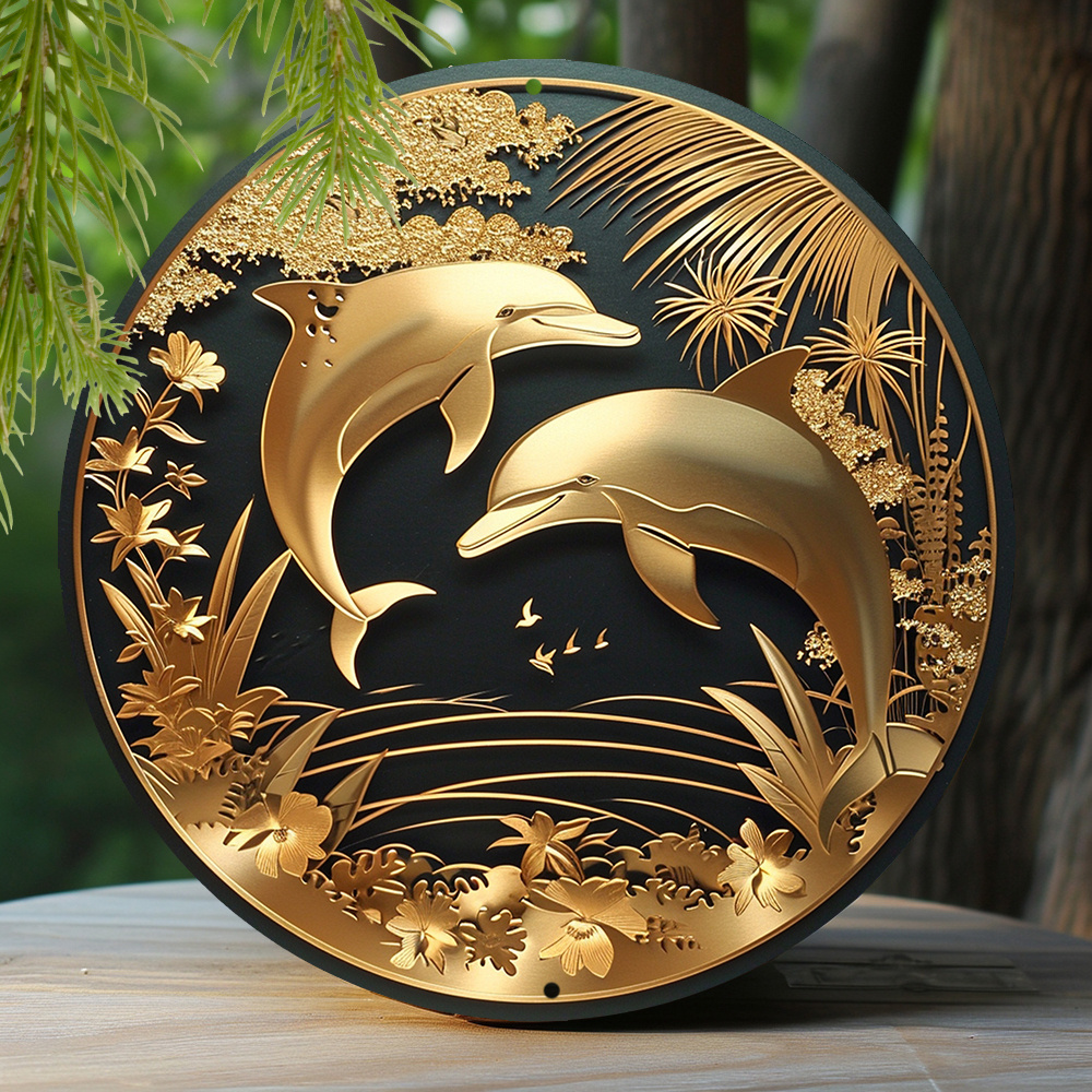 

1pc 8x8 Inch Spring Metal Sign Faux Foil Stamping Papercut Art Painting Round Wreath Decorative Sign Bedroom Decor Pet Lovers Gifts Dolphin Theme Decoration