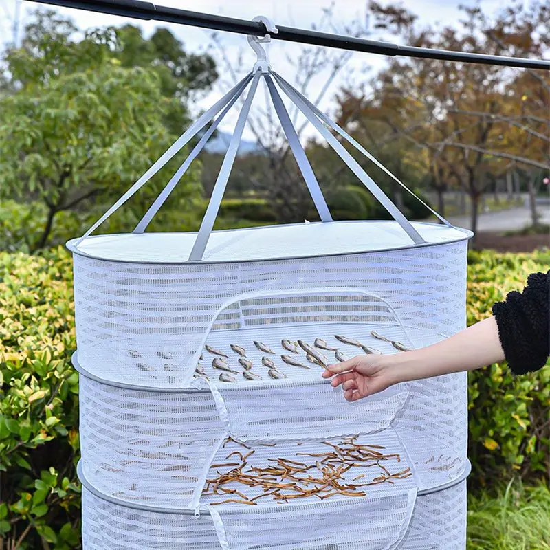 1pc 1 2 3 tier folding hanging drying rack air dry mesh basket with zipper windproof drying rack non toxic polyester fiber for fish shrimp vegetables herbs fruit etc details 1