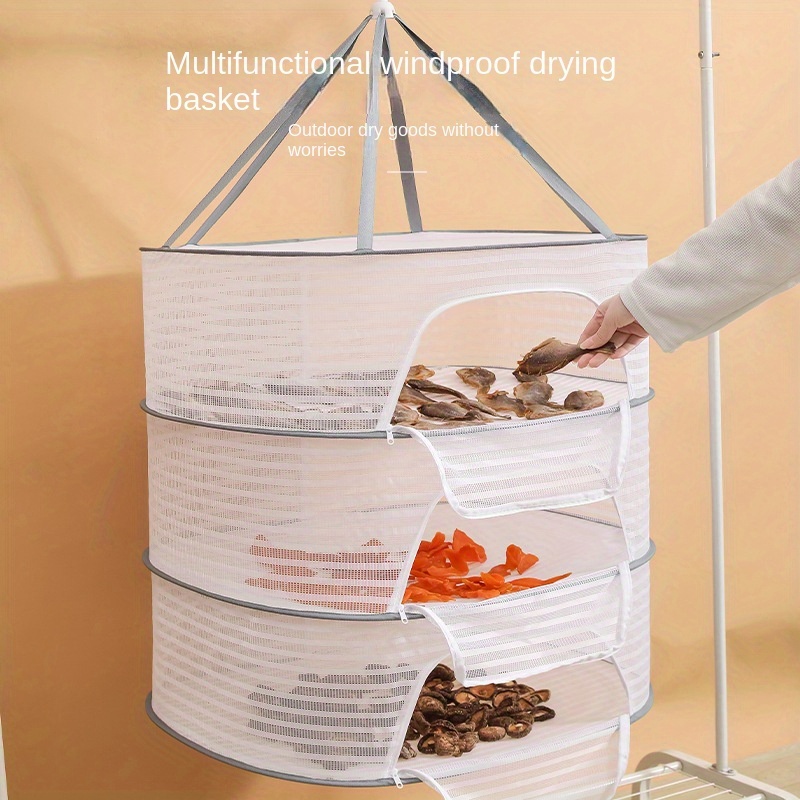 

1pc 1/2/3-tier Folding Hanging Drying Rack, Air Dry Mesh Basket With Zipper, Windproof Drying Rack, Non-toxic Polyester Fiber, For Fish, Shrimp, Vegetables, Herbs, Fruit, Etc