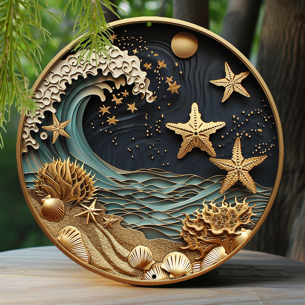 

1pc 8x8 Inch Spring Round Aluminum Sign Faux Foil Stamping Papercut Art Painting Round Wreath Decorative Sign Garden Decor Father's Day Gifts Starfish And Seashells Theme Decoration Q371