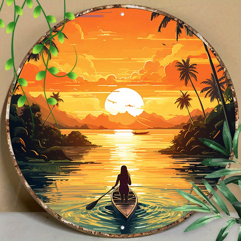 

1pc 8x8inch (20x20cm) Round Aluminum Sign Metal Sign Summer Season Tin Sign Decoration Coastal Theme With Palm Trees Waves And Tropical For Decoration