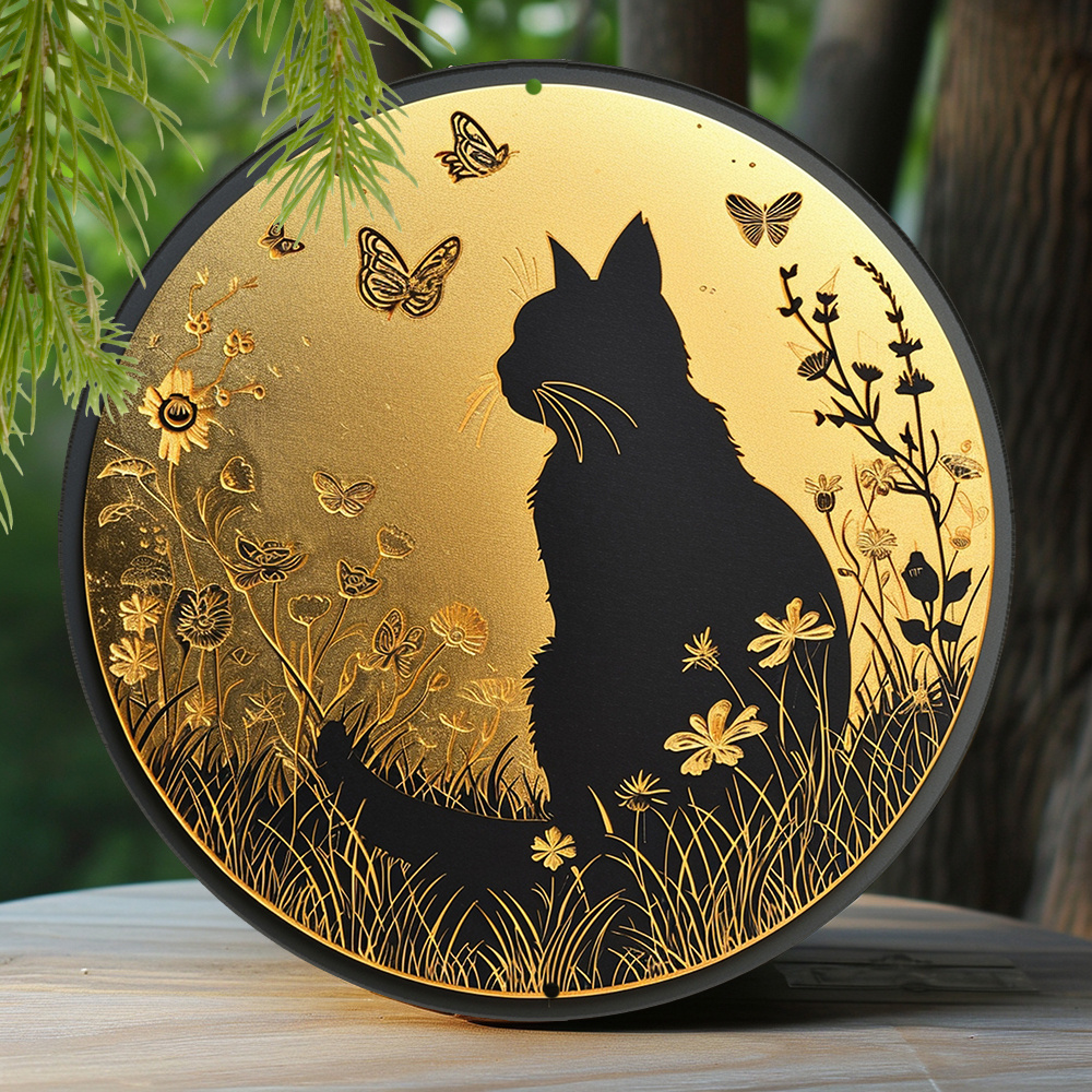 

1pc 8x8 Inch Spring Round Aluminum Sign Faux Foil Stamping Papercut Art Painting Round Wreath Decorative Sign Entrance Decor Girls Gifts Spring Kitten Theme Decoration