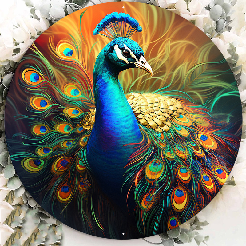 

1pc 8x8inch Aluminum Metal Sign Large Print Of A Colorful Peacock