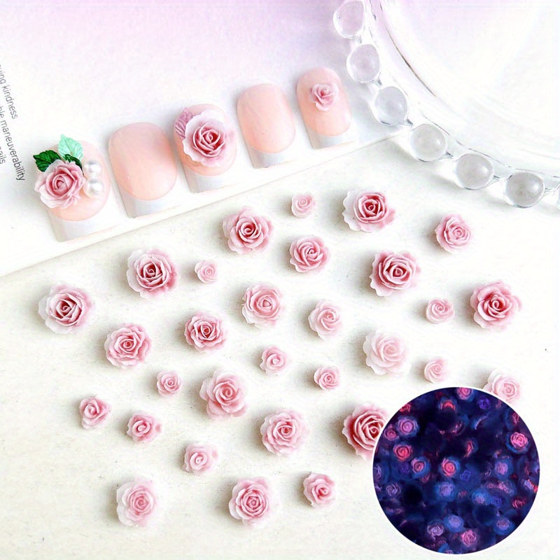 

50pcs Luminous Flower Nail Charms, Pink Rose Nail Art Accessories, Nail Art Supplies For Women And Girls, Nail Art Jewelry For Music Festival