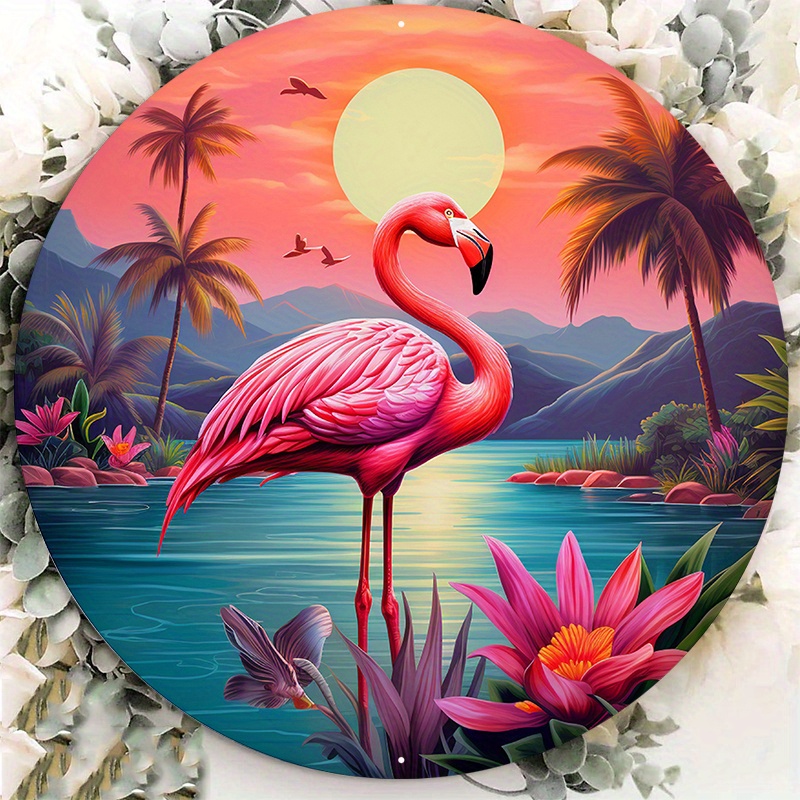 

1pc 8x8inch Aluminum Metal Sign Is Flamingo Round Shapes Car Water And Tropical Plants