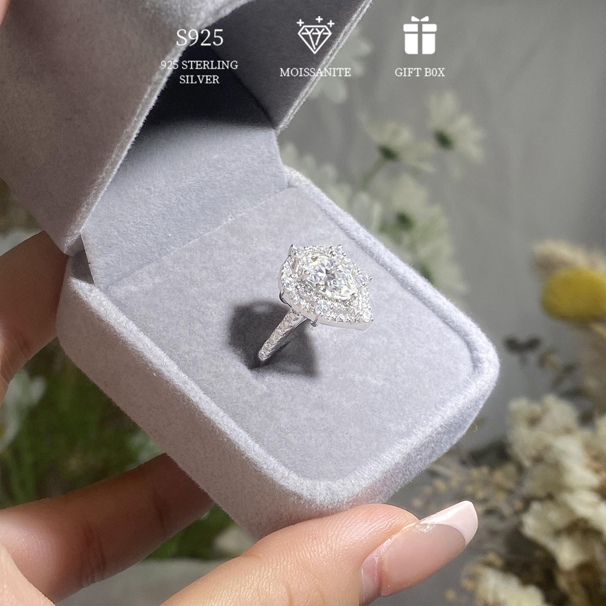 hypoallergenic 925 sterling silver 2ct pear shaped moissanite   layer   for women elegant valentines day mothers day gift engagement wedding ring with moissanite certificate and exquisite gift box details 2