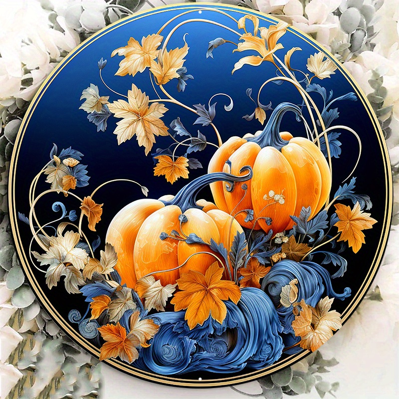 

1pc 8x8inch Aluminum Metal Sign Pumpkins Wreath Sign, Metal Wreath Sign, Round Wreath Sign