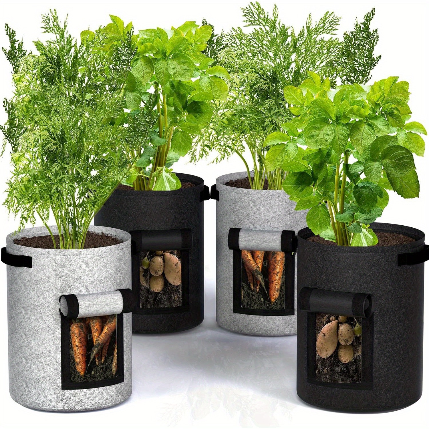 4 Pack 10 Gallon (Approx. 35.7 Liters) Potato Grow Bags, Collapsible, Breathable, Non-Woven Fabric Vegetable Planter Pots – Easy Moving Gardening Pots with Reinforced Handles And Harvest Flap (2 Gray, 2 Black)
