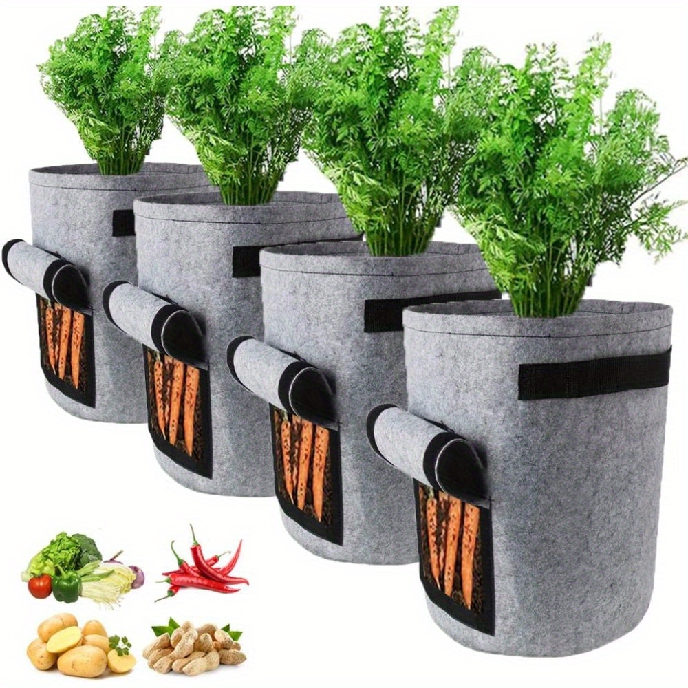 

4pcs Non-woven Fabric Plant Bags With Harvest Window, 7 & 10 Gallon - Ideal For Potatoes, Tomatoes, Flowers & Vegetables - Versatile Indoor/outdoor Grey Grow Bags With