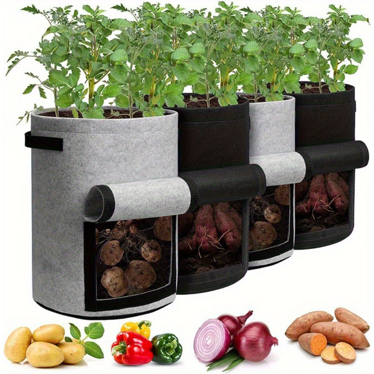 

4 Packs, Potato Grow Bags With Flap 7 Gallon(approx. 25 Liters) 10 Gallon(approx. 35.7 Liters), Planter Pot With Handles And Harvest Window For Potato Tomato And Vegetables, Black And Gray