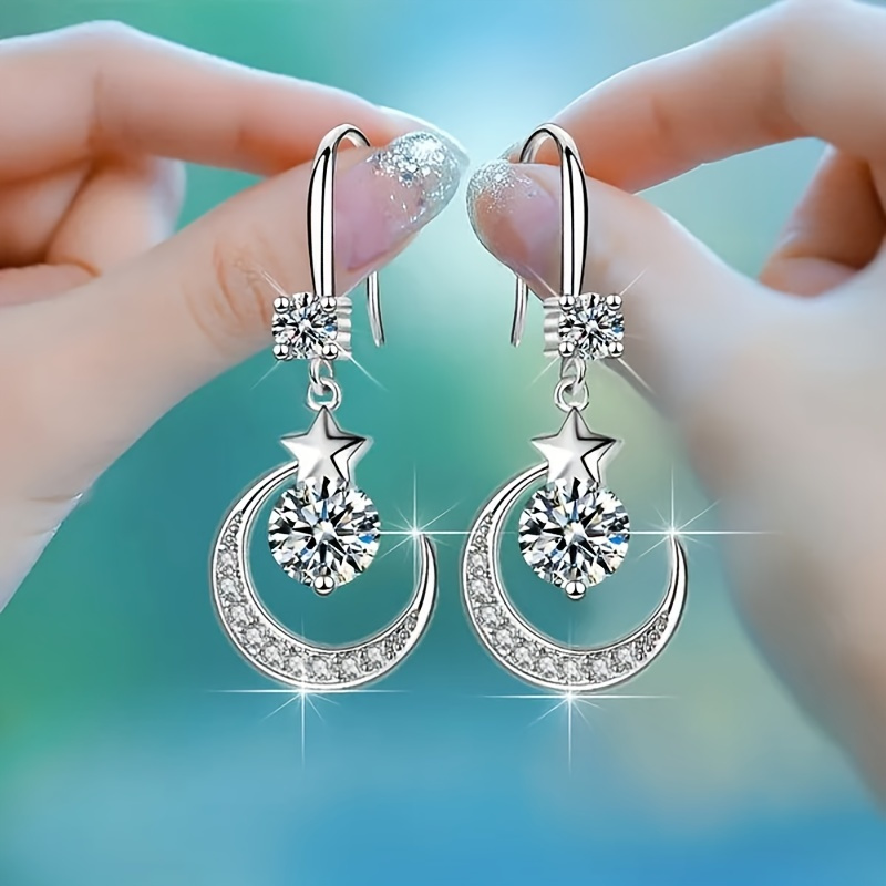Shiny Moon & Star Theme Drop EEarrings With Inlaid Round Cut Shiny Zircon Pendant, Elegant Hook Earrings For Valentine's Day Gift