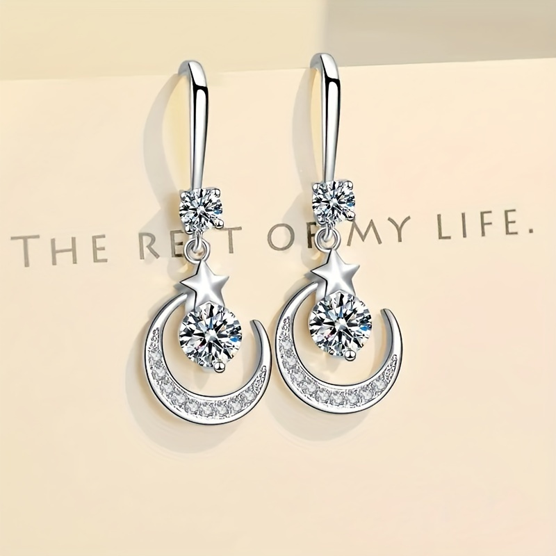 Shiny Moon & Star Theme Drop EEarrings With Inlaid Round Cut Shiny Zircon Pendant, Elegant Hook Earrings For Valentine's Day Gift